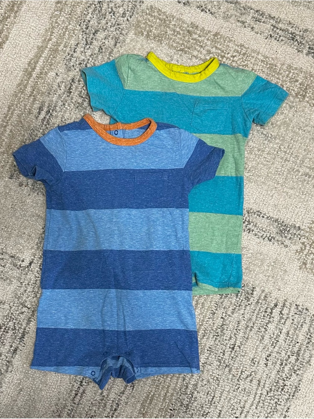 PRIMARY Lot 2 Striped Baby Rompers - Light Blue/Navy and Teal/Green size 18-24m